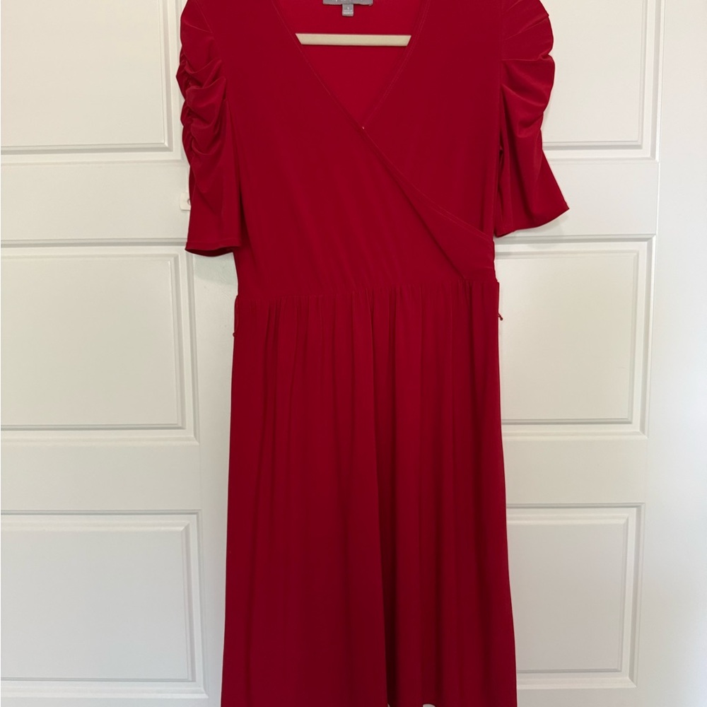 NY Collection Red Faux-Wrap Midi Dress with Ruched Sleeves